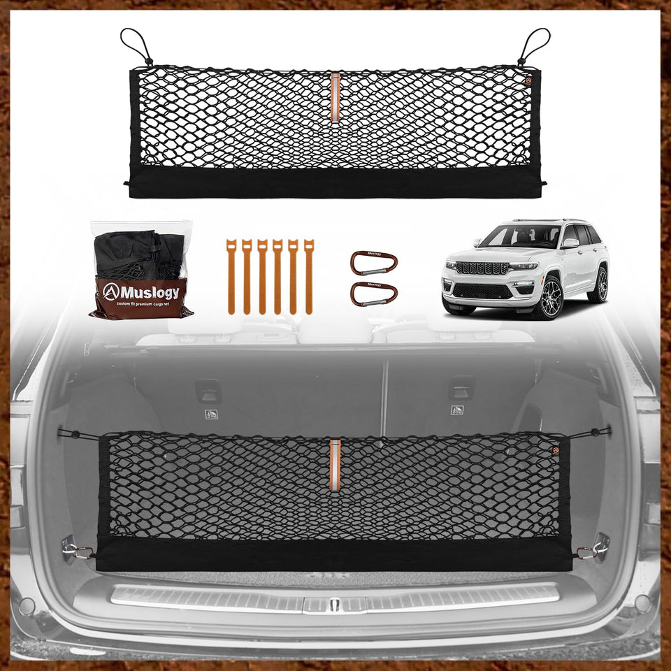 Muslogy front packaging showing cargo net and components, clear fit identification