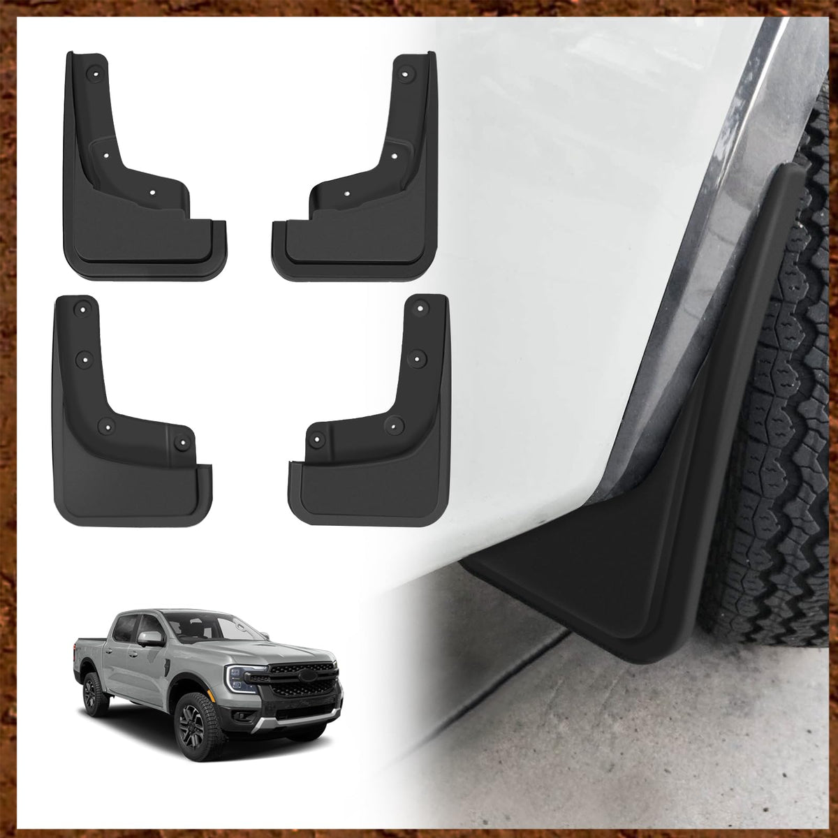 Muslogy front mud flap packaging showing parts and fit benefits
