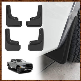 Muslogy front mud flap packaging showing parts and fit benefits