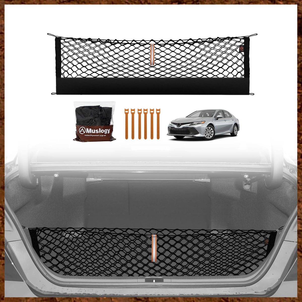 Muslogy front packaging showing Camry-specific cargo net, improves trunk organization