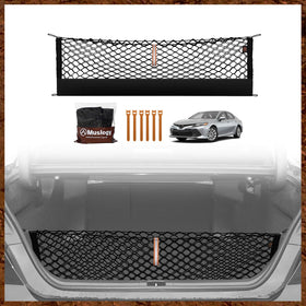 Muslogy front packaging showing Camry-specific cargo net, improves trunk organization