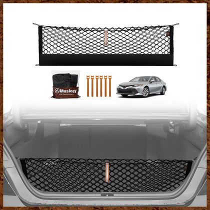 Muslogy front packaging showing Camry-specific cargo net, improves trunk organization