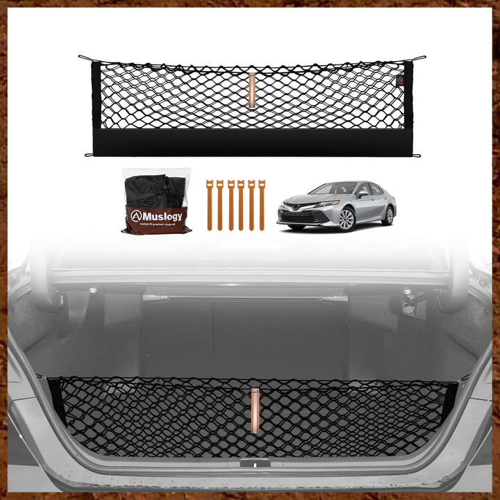 Muslogy front packaging showing Camry-specific cargo net, improves trunk organization