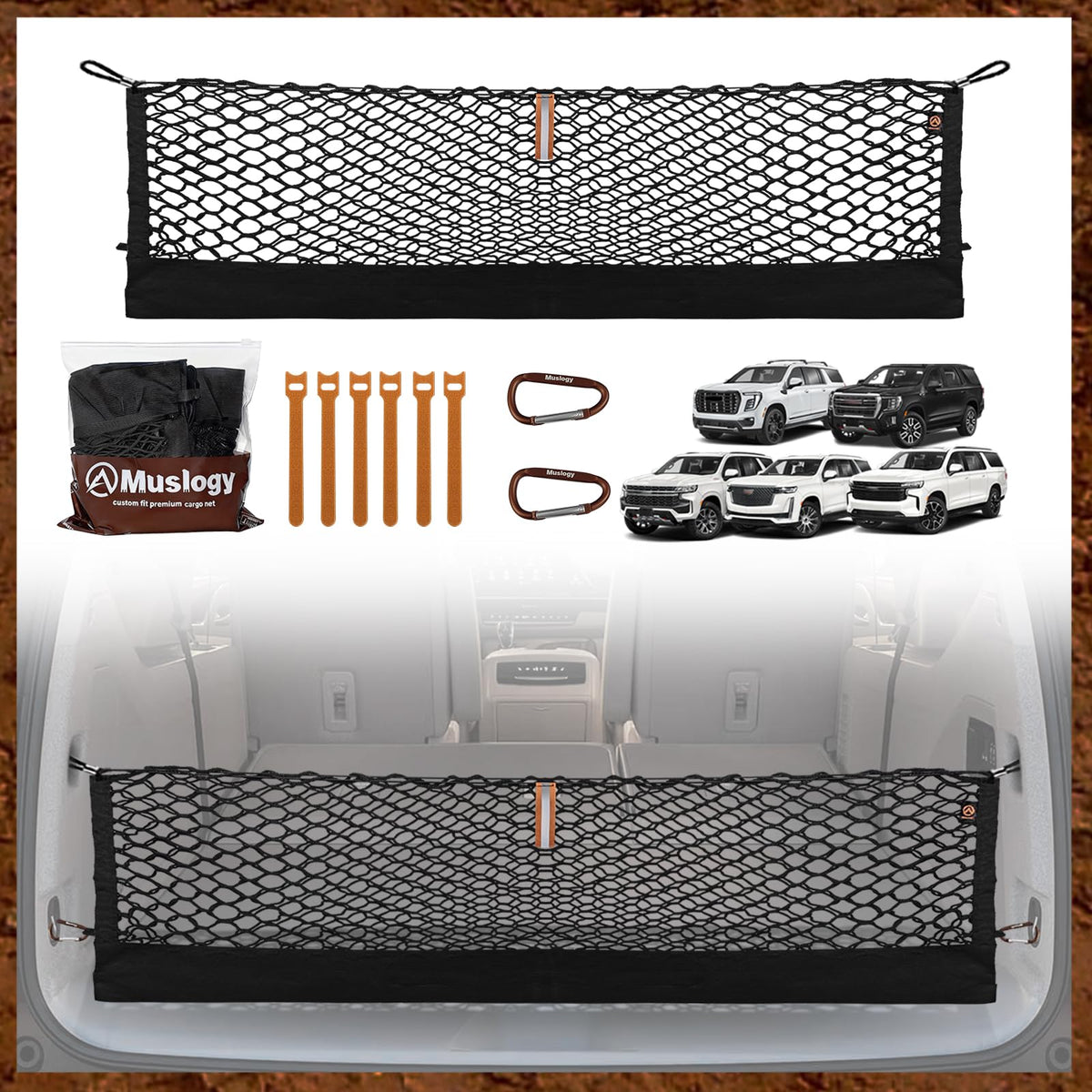 Muslogy front packaging showing cargo net and included hooks, quick identification benefit