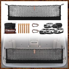 Muslogy front packaging showing cargo net and included hooks, quick identification benefit