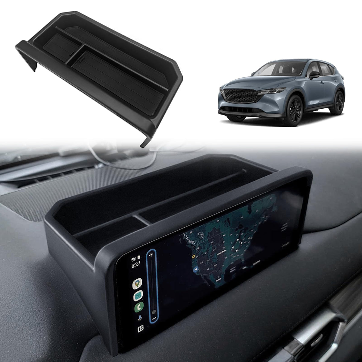 Muslogy front view of dash box showing clean fit and added storage benefit