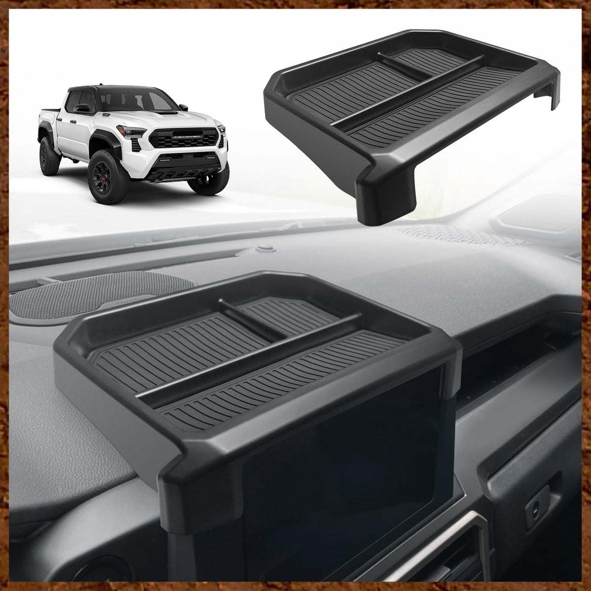 Muslogy front view of dashboard organizer showing clean fit and extra storage benefit