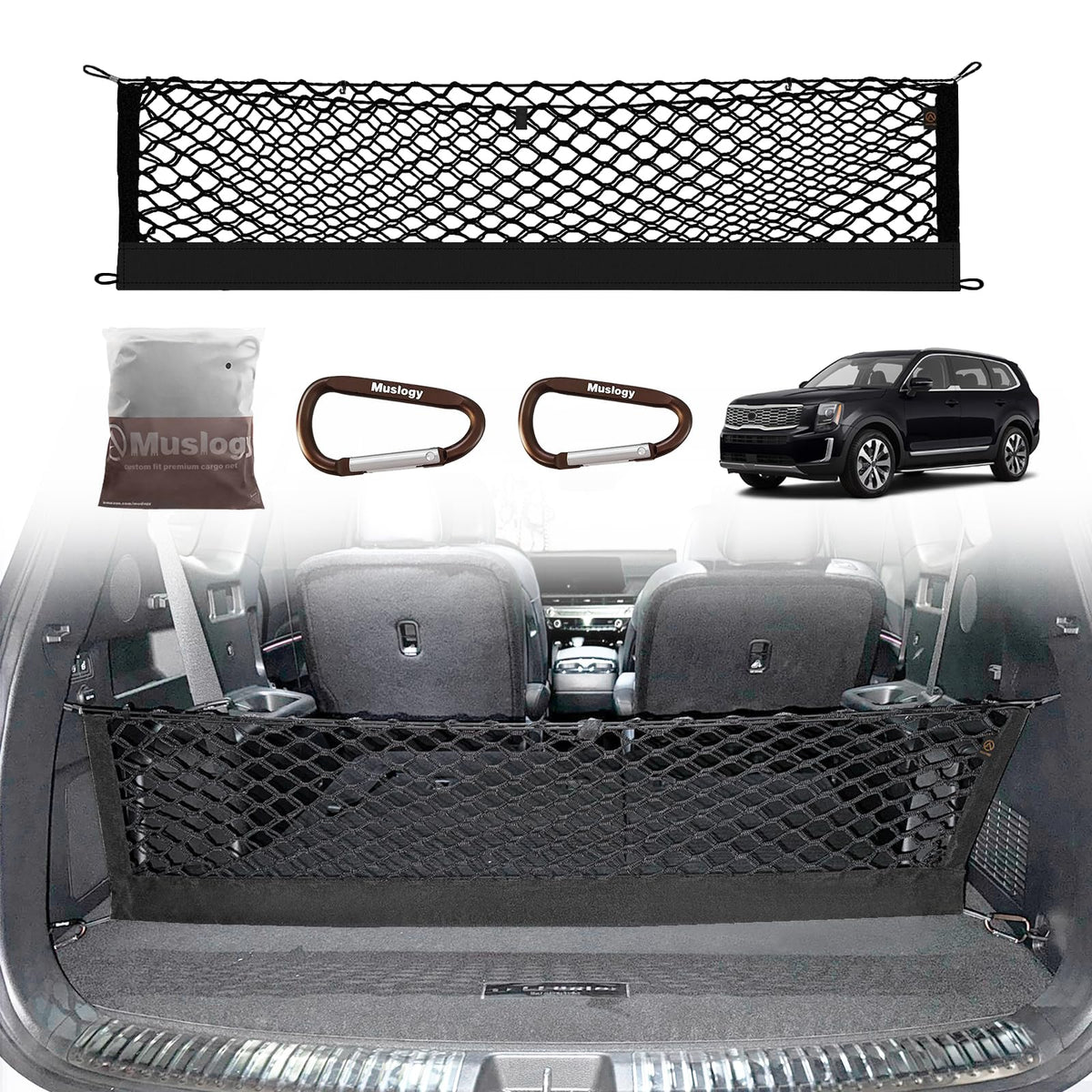 Muslogy cargo net front view installed in Telluride trunk showing neat organization