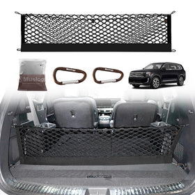 Muslogy cargo net front view installed in Telluride trunk showing neat organization