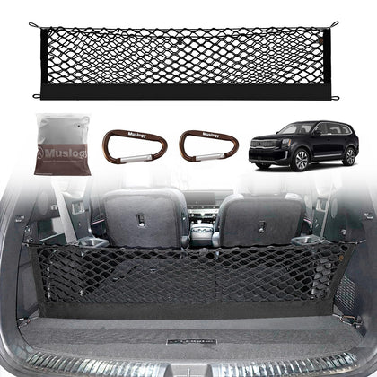Muslogy cargo net front view installed in Telluride trunk showing neat organization