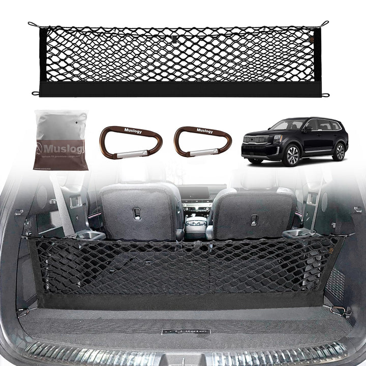 Muslogy cargo net front view installed in Telluride trunk showing neat organization