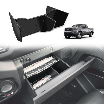 Muslogy front view installed in Frontier glove box shows organized compartments and quick access