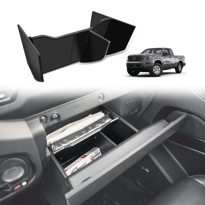 Muslogy front view installed in Frontier glove box shows organized compartments and quick access