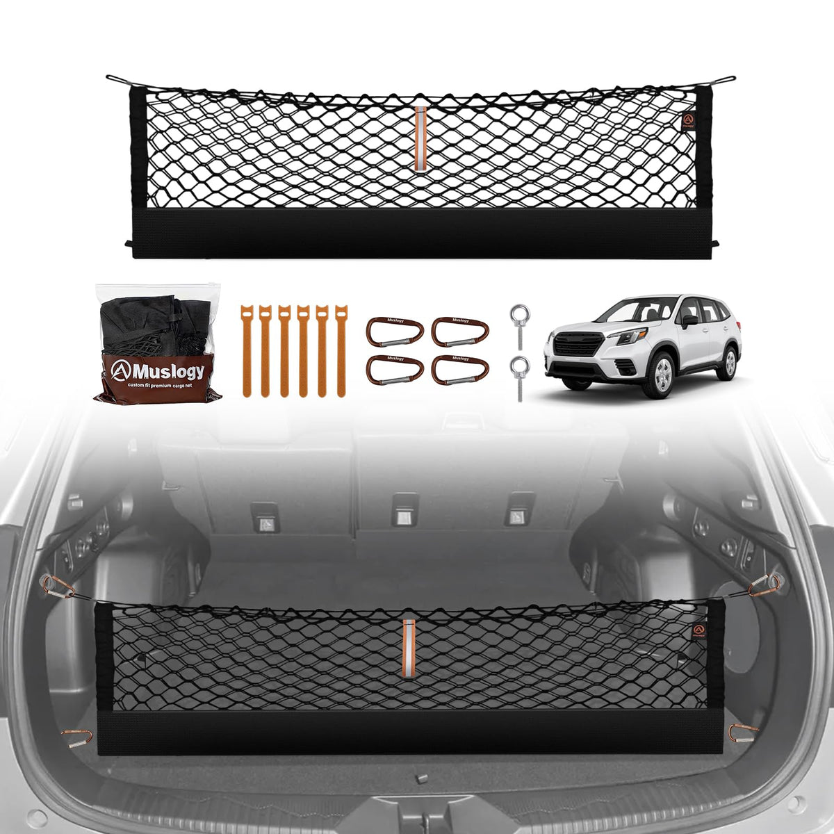 Muslogy cargo net front view installed in Forester trunk, keeps cargo organized