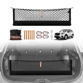 Muslogy cargo net front view installed in Forester trunk, keeps cargo organized