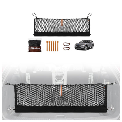 Muslogy front view of packaged cargo net showing neat retail packing and brand benefit