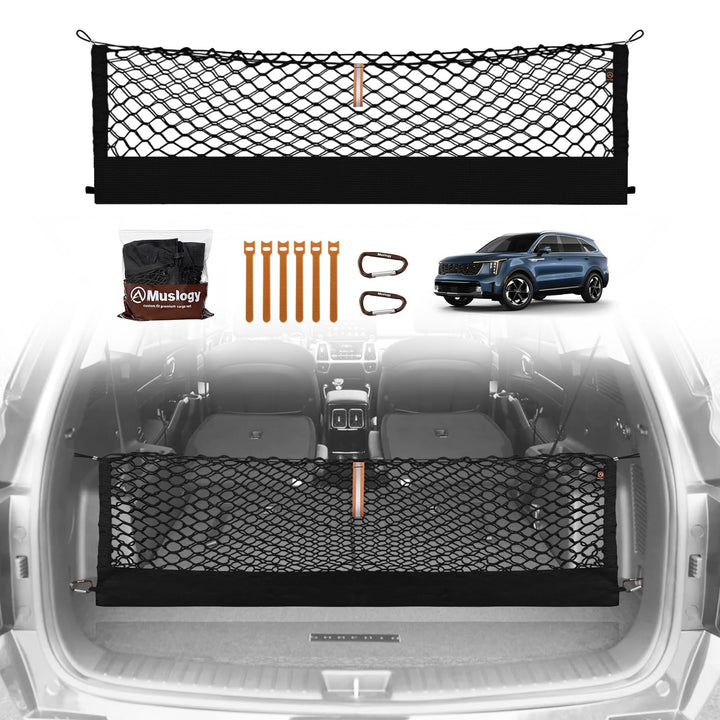 Muslogy front view showing cargo net packaging and fit benefits