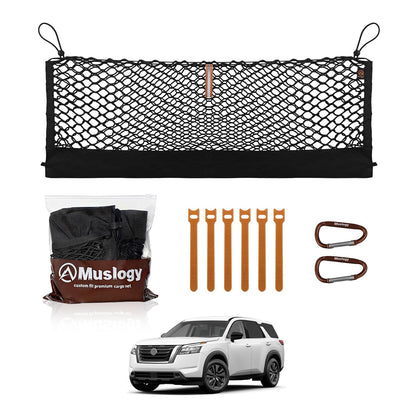 Muslogy front view packaging showing cargo net and included hooks for easy install