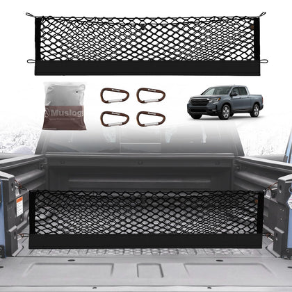 Muslogy cargo net front view on Ridgeline bed showing clean fit and protection