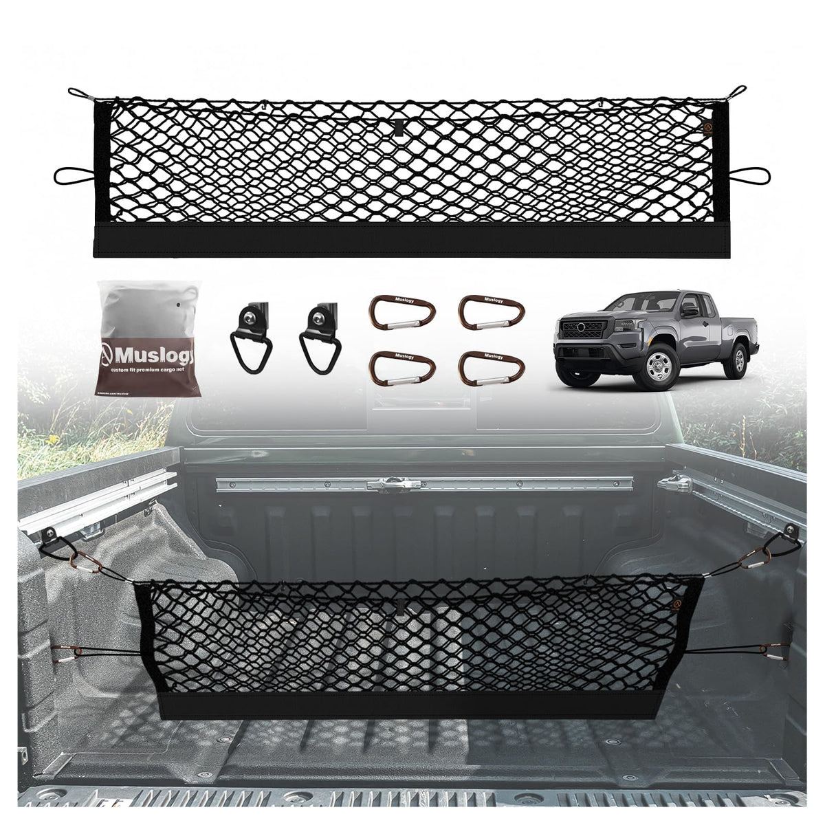 Muslogy cargo net front view showing full bed coverage and secure containment