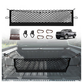 Muslogy cargo net front view showing full bed coverage and secure containment