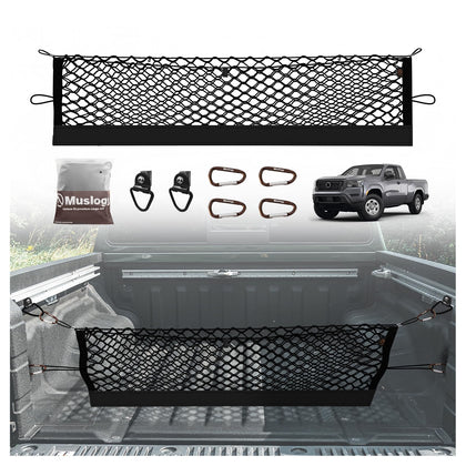 Muslogy cargo net front view showing full bed coverage and secure containment