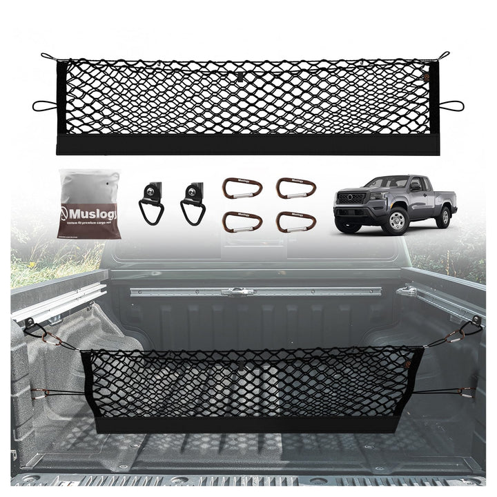 Muslogy cargo net front view showing full bed coverage and secure containment