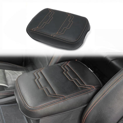 Muslogy front view of center console cover showing neat fit and orange trim benefits