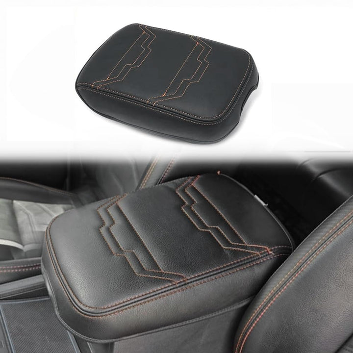 Muslogy front view of center console cover showing neat fit and orange trim benefits