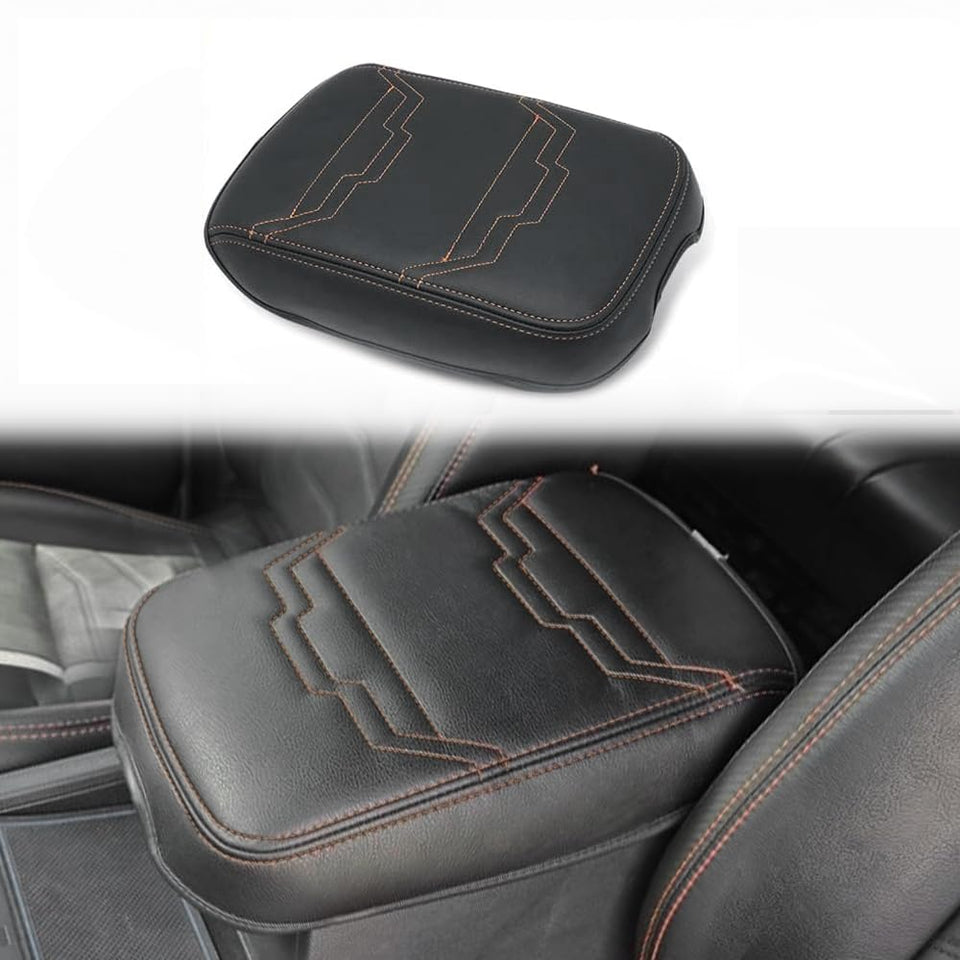 Muslogy front view of center console cover showing neat fit and orange trim benefits