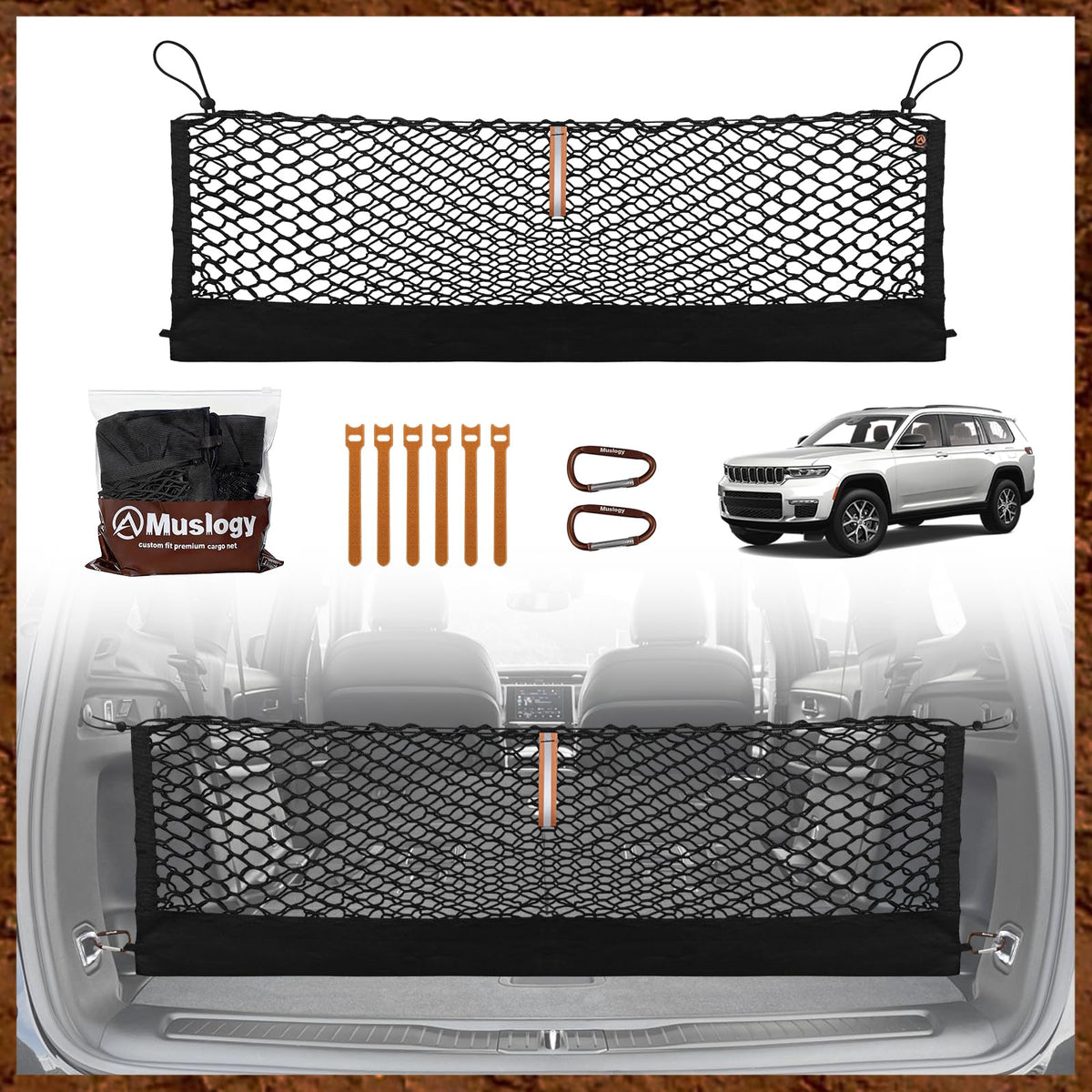 Muslogy cargo net front view showing custom fit and tidy storage benefit