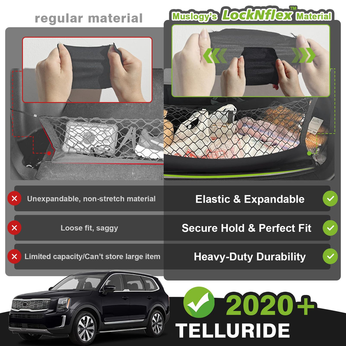 Muslogy cargo net holding groceries and tools preventing movement during drive
