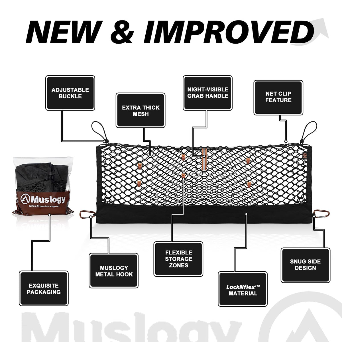 Muslogy cargo net installed in Ford Explorer cargo area providing organized storage