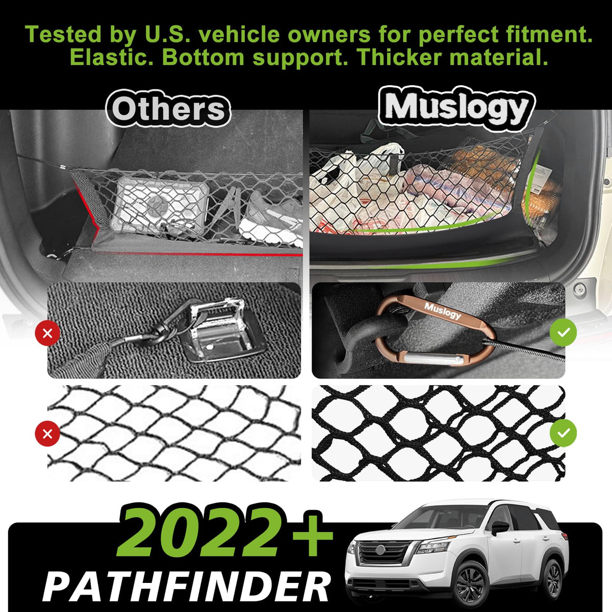 Muslogy installed in Nissan Pathfinder trunk keeping groceries and gear secure