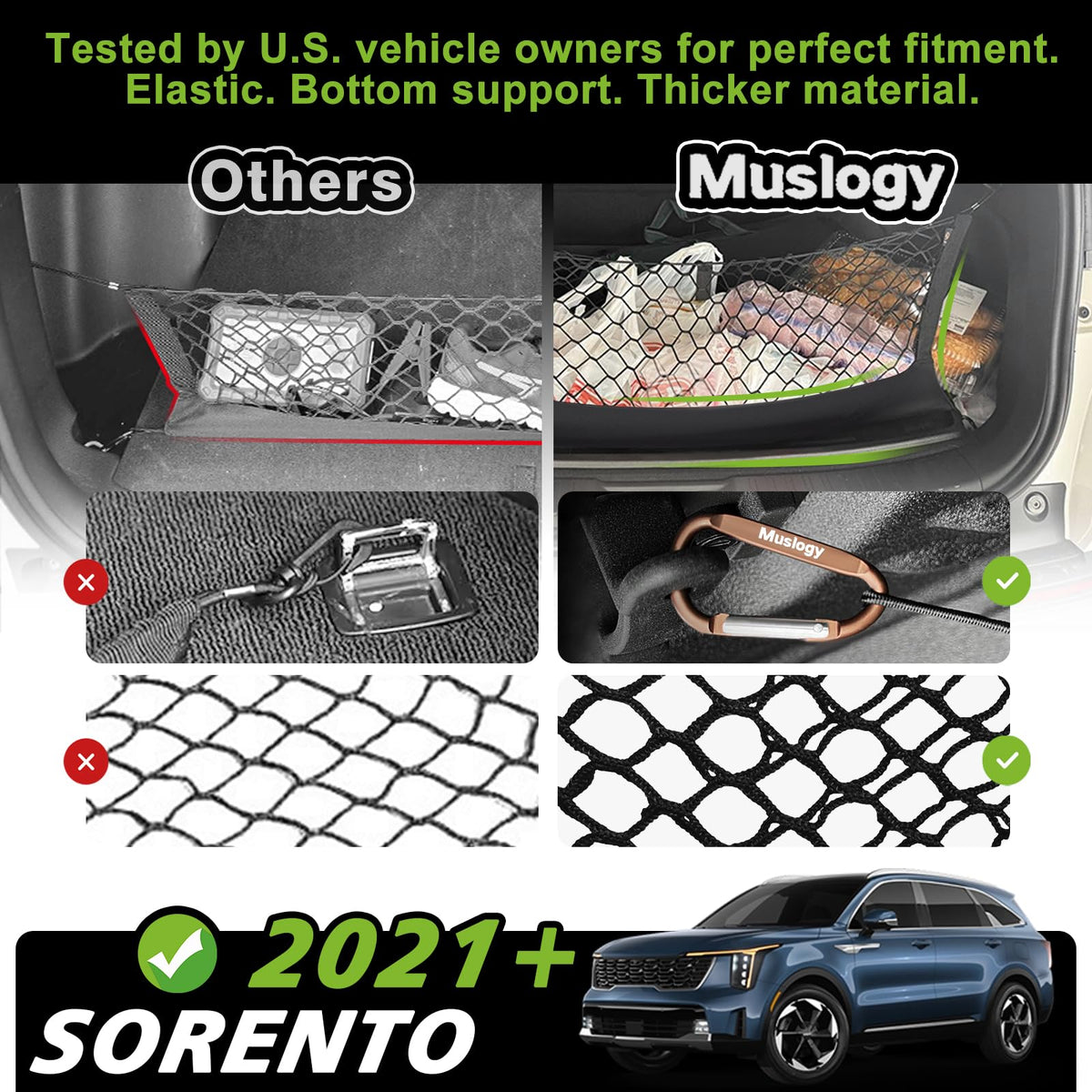 Muslogy cargo net installed in Kia Sorento trunk preventing shifts