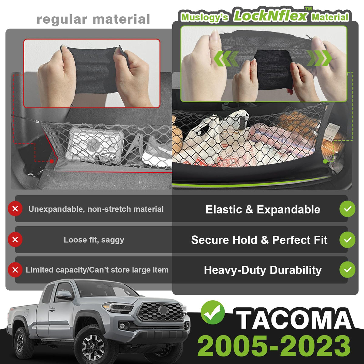 Muslogy cargo net installed in Tacoma bed keeping items secure