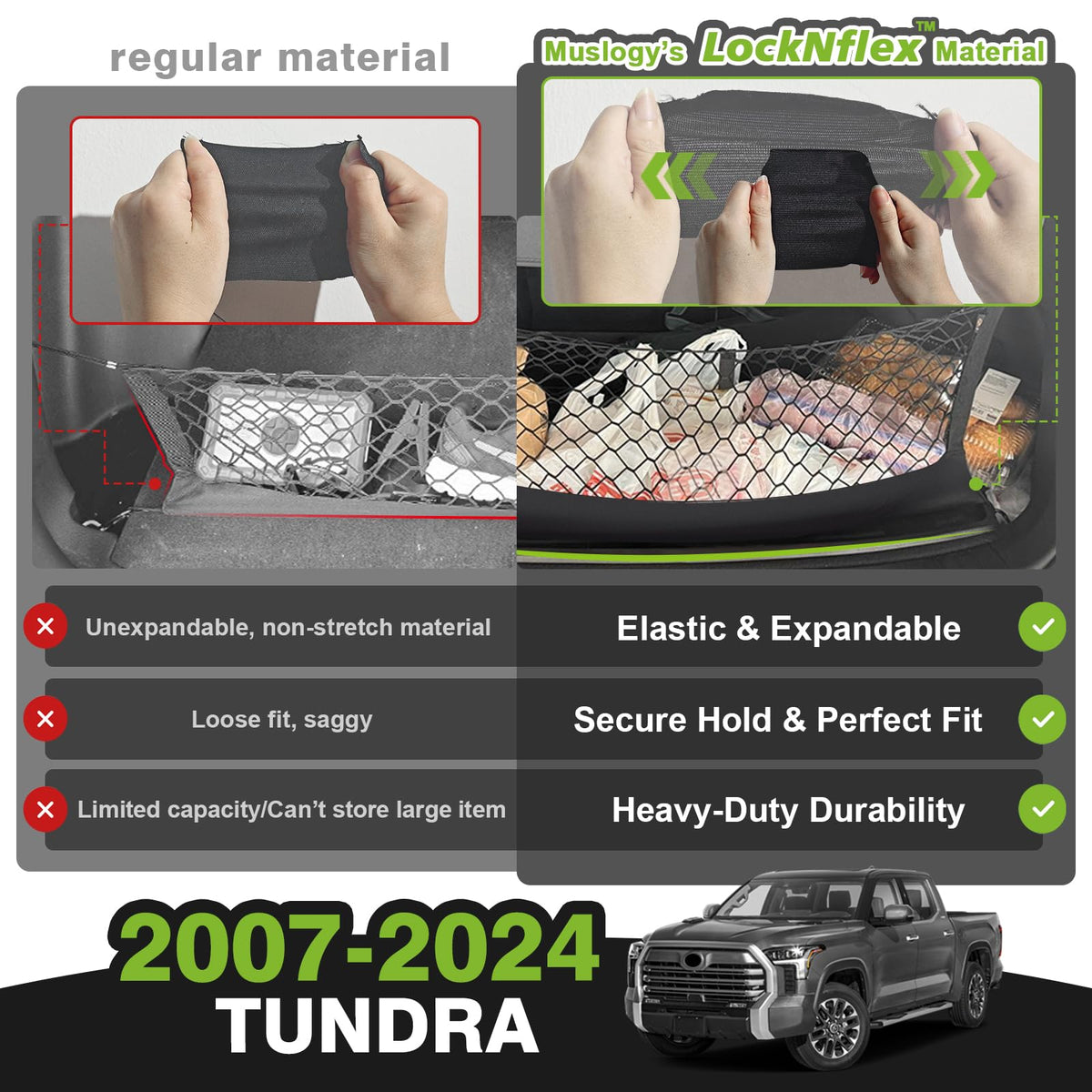 Muslogy cargo net installed in Tundra bed preventing items from shifting