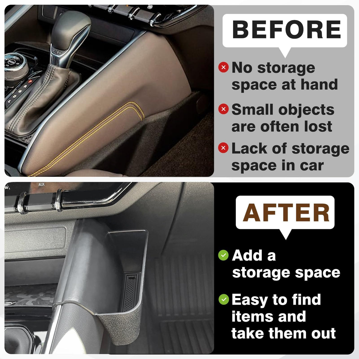 Muslogy installed on left console side demonstrating tidy storage access