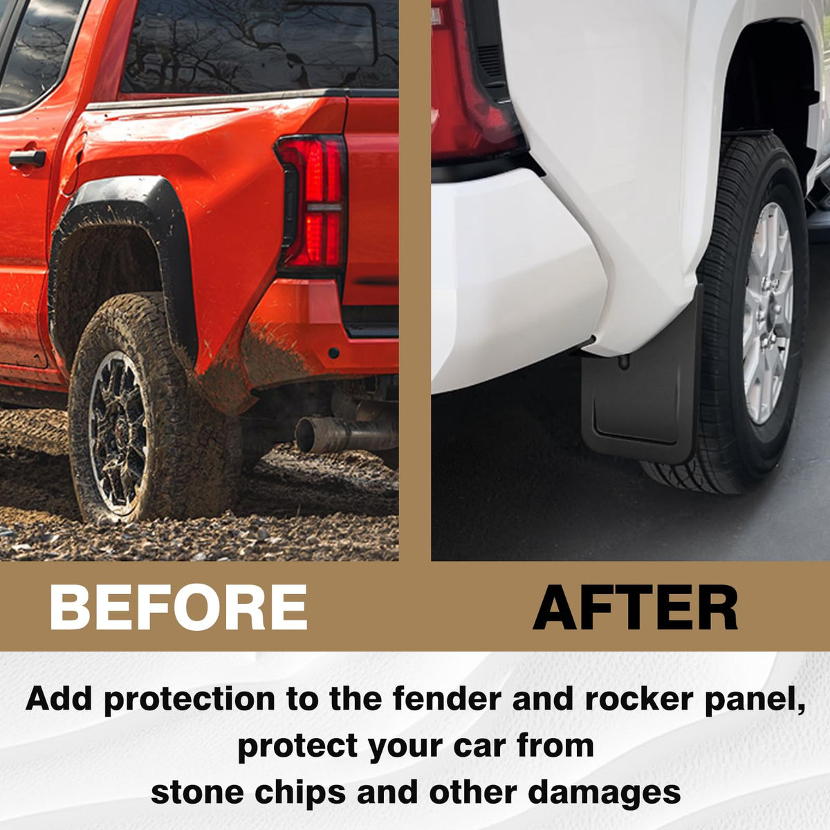Muslogy mud flaps on Tacoma driving on gravel reducing stone spray