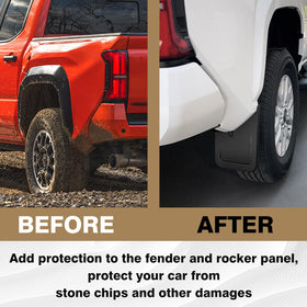Muslogy mud flaps on Tacoma driving on gravel reducing stone spray