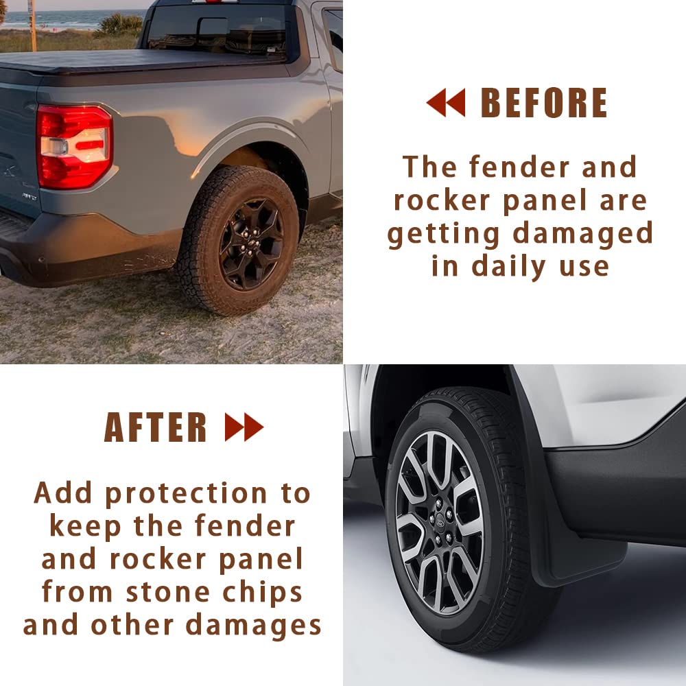 Muslogy mud flap fitted at rear wheel showing coverage of rocker panel and splash reduction