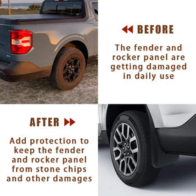 Muslogy mud flap fitted at rear wheel showing coverage of rocker panel and splash reduction