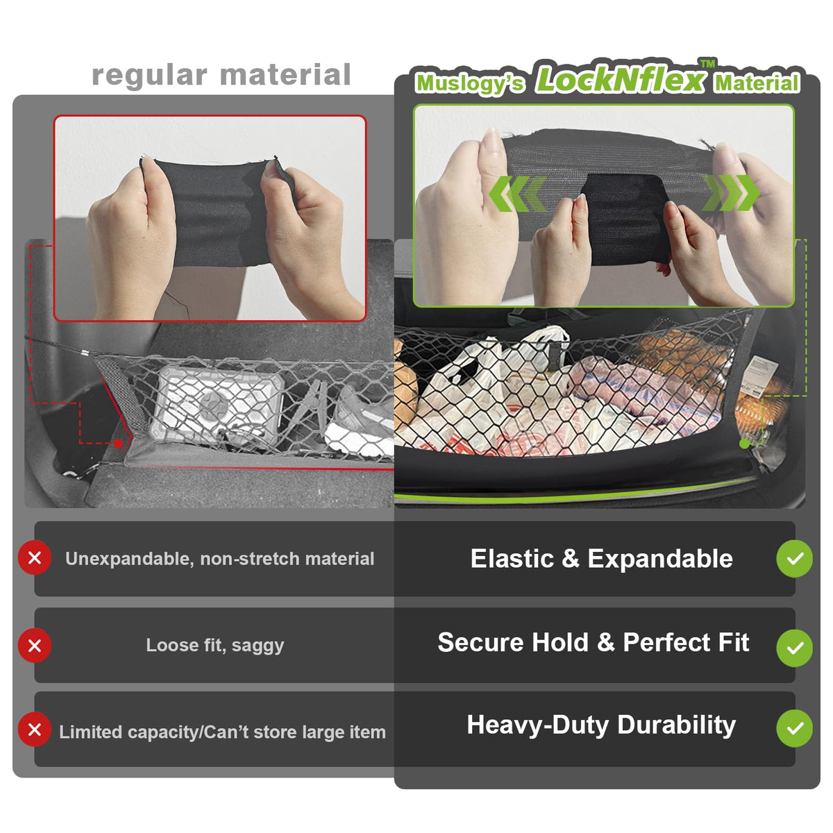 Muslogy net stretch and texture demonstrating secure grip on items