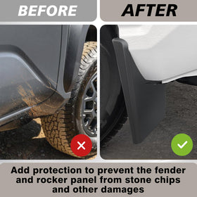 Muslogy rear mud flap mounted on Tacoma protecting rocker panel