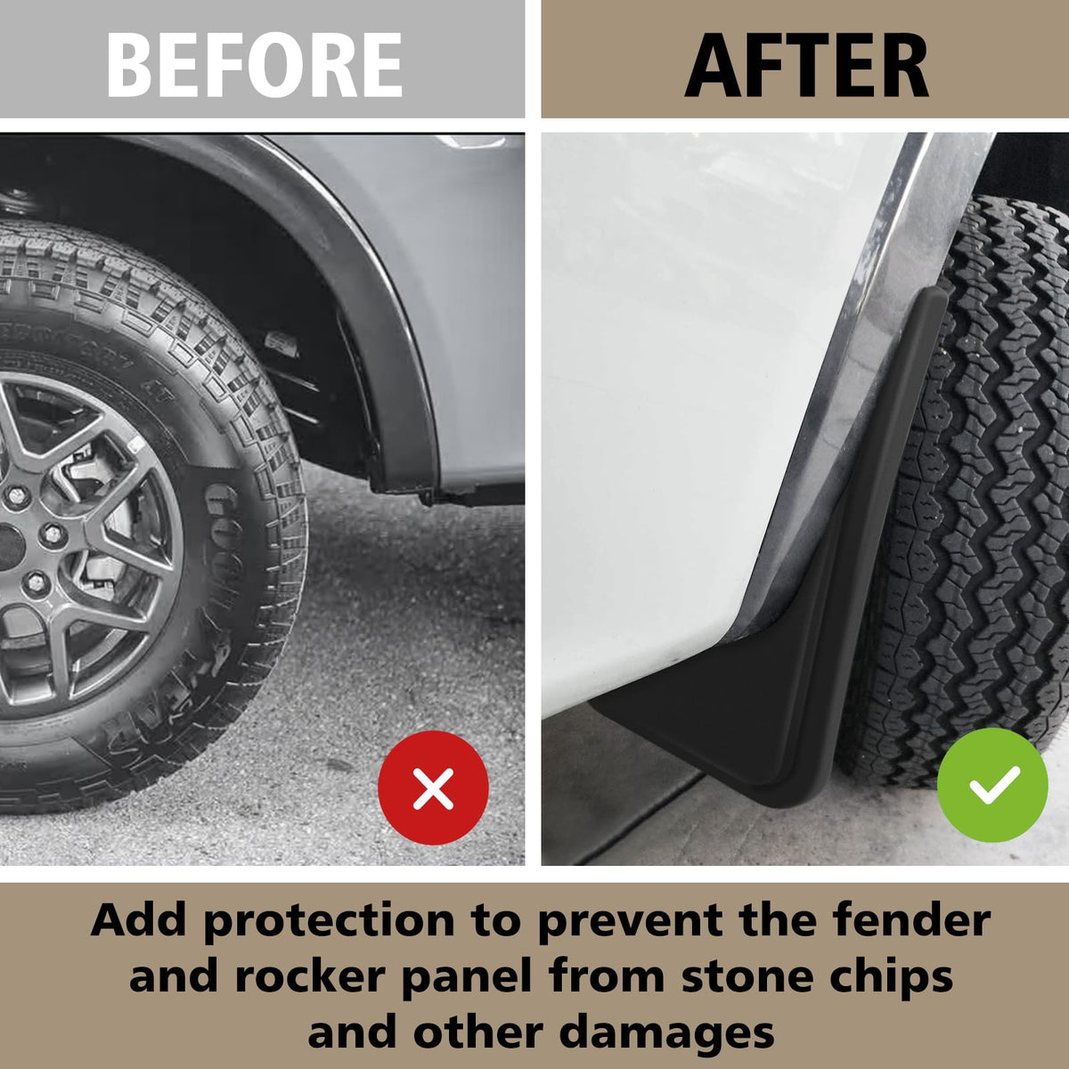 Muslogy mud flap beside wheel showing size and coverage benefit