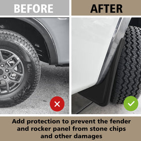 Muslogy mud flap beside wheel showing size and coverage benefit