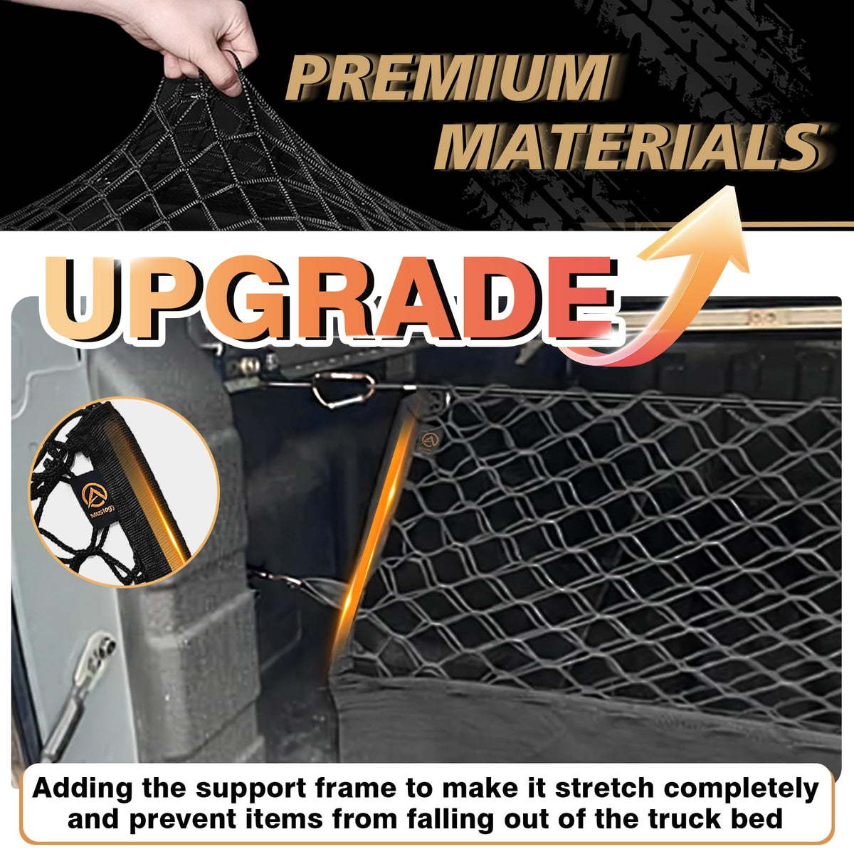 Muslogy support frame profile illustrating even tension and full-bed coverage