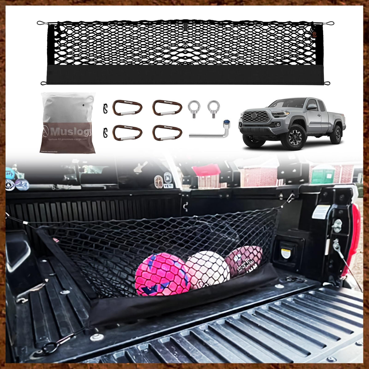 Muslogy cargo net front packaging showing model fit benefits