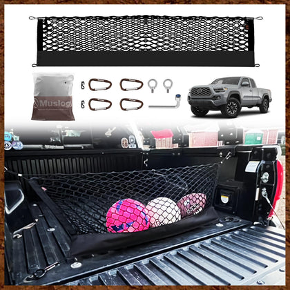 Muslogy cargo net front packaging showing model fit benefits