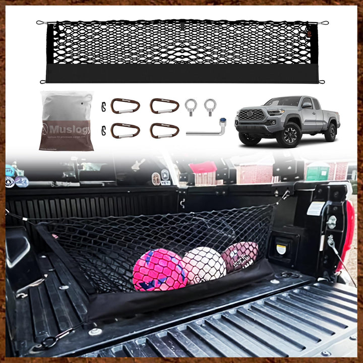 Muslogy cargo net front packaging showing model fit benefits